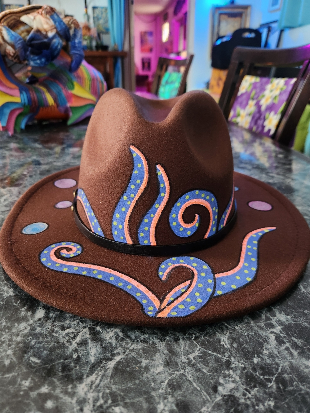 Brown Felt Fedora with Hand-Painted Blue & Pink Tentacles